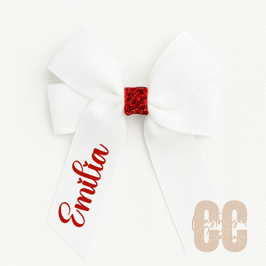 4inch hair bow - white/red glitter