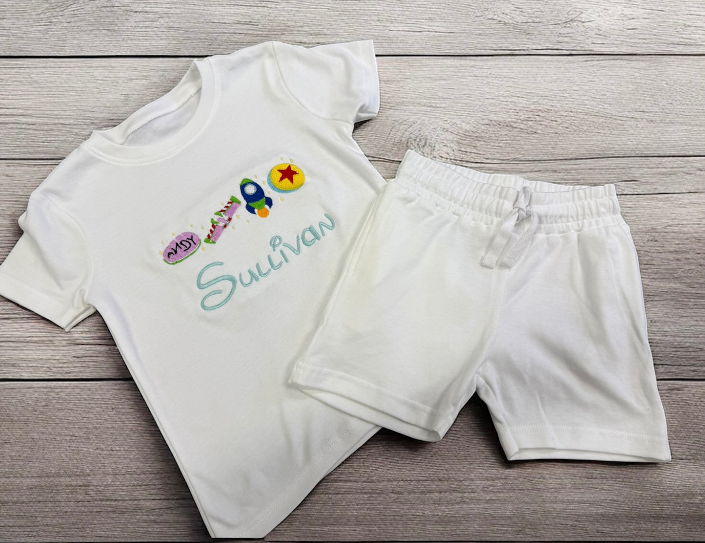 Embroidered Toy Story shorts and tshirt