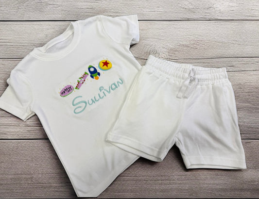 Embroidered Toy Story  shorts and tshirt