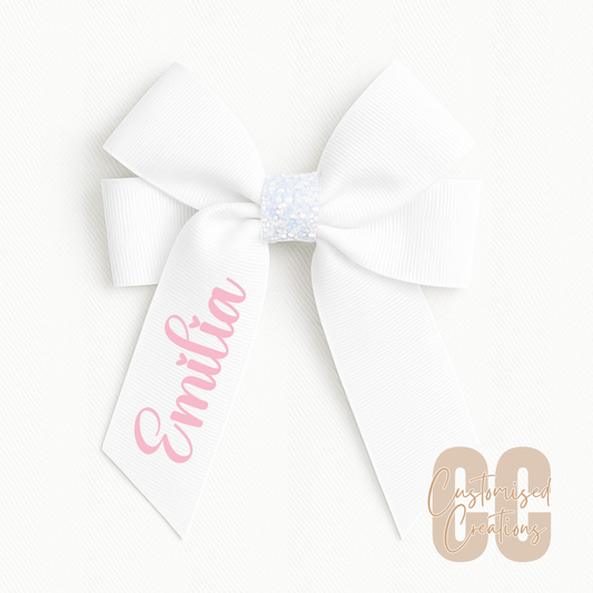 4inch hair bow - white/white glitter