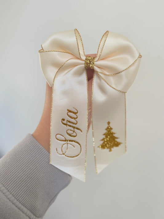 6inch hair bow - cream/gold glitter