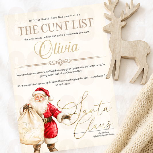 Personalised c*nt list certificate - Santa's sack