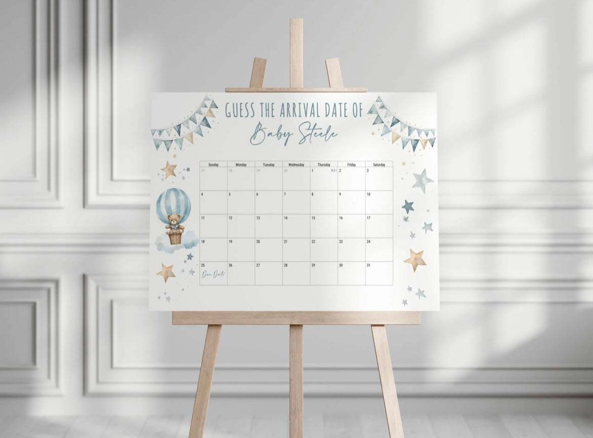 Bear In Hot Air Balloon Baby Shower Guess The Arrival Date Of Baby Board - Pink, Blue, Green, Neutral