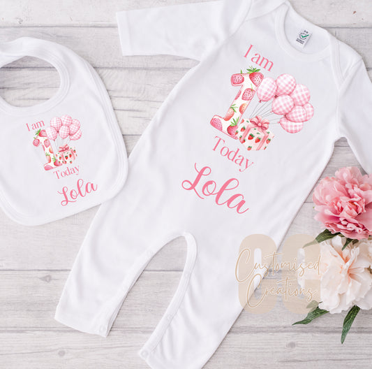 Strawberry I Am 1 Today Babygrow and/or Bib