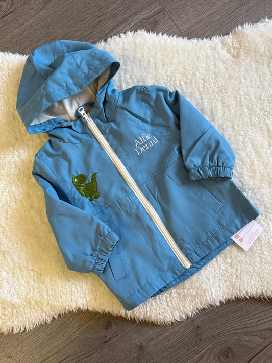 Embroidered Dinosaur Blue Raincoat With Name