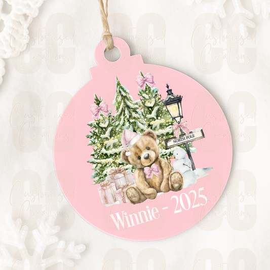 Acrylic Christmas bauble - pink bear