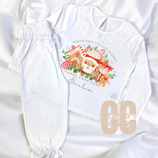 White frilly Christmas village pyjamas