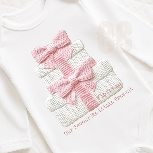 Pink Our favourite little present Christmas embroidery effect bib/babygrow/vest