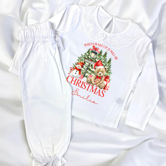 White frill Christmas bear pyjamas