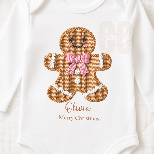 Pink gingerbread Christmas embroidery effect bib/babygrow/vest