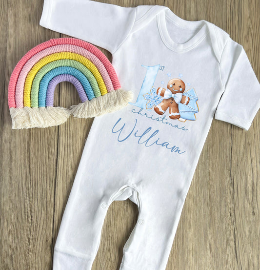 Blue gingerbread 1st Christmas babygrow