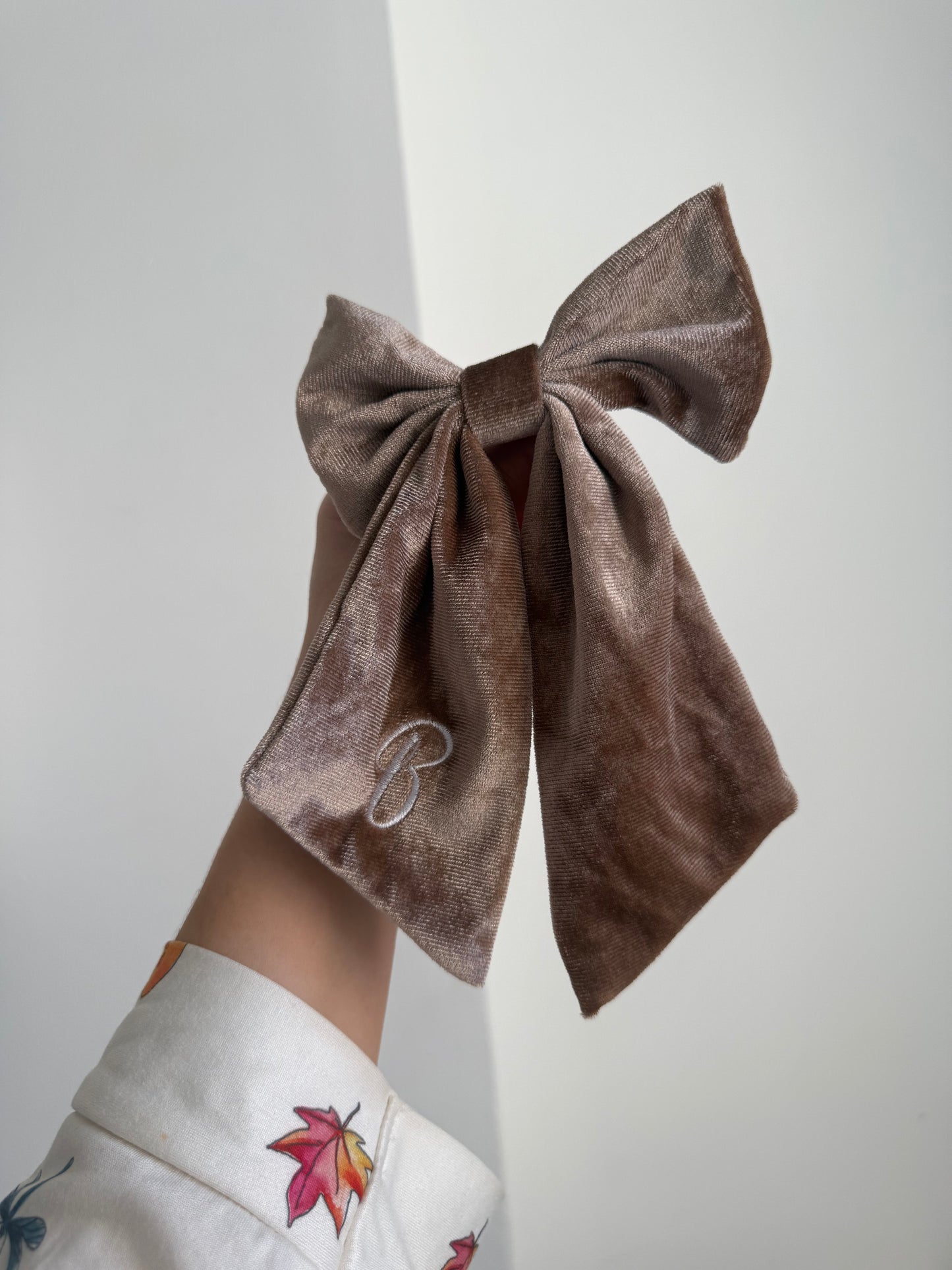 Brown velvet embroidered hair bow