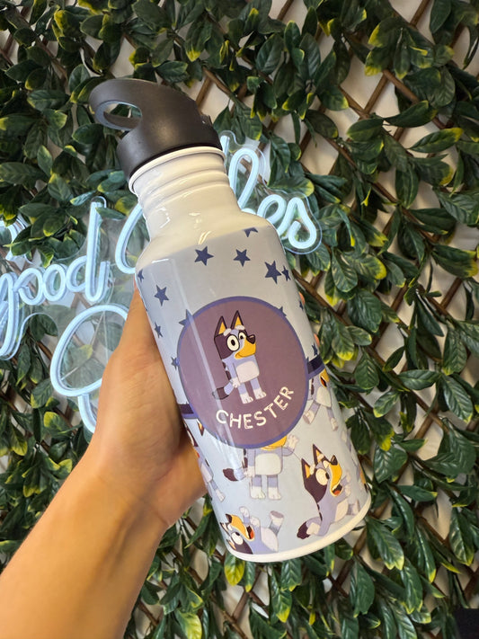 Stainless steel flip straw water bottle - blue Bluey