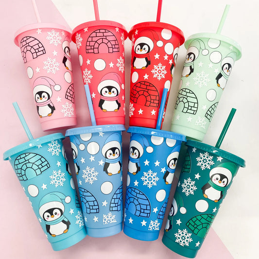 Christmas igloo and penguin 24oz cold cup