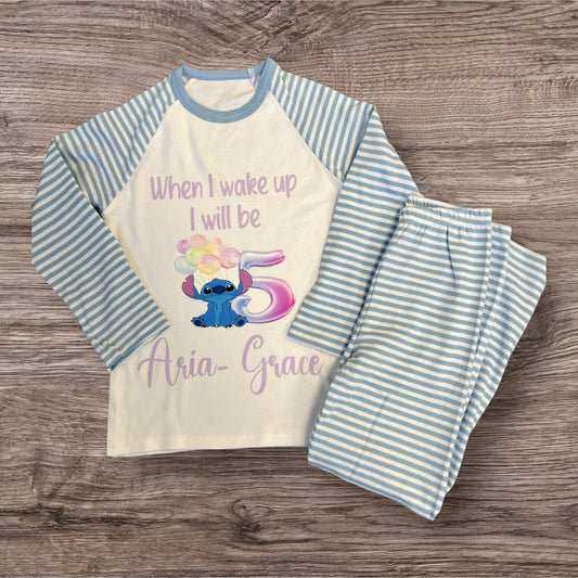 Blue and white stripe stitch when I wake up birthday pyjamas