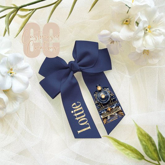 Christmas hair bow - navy train