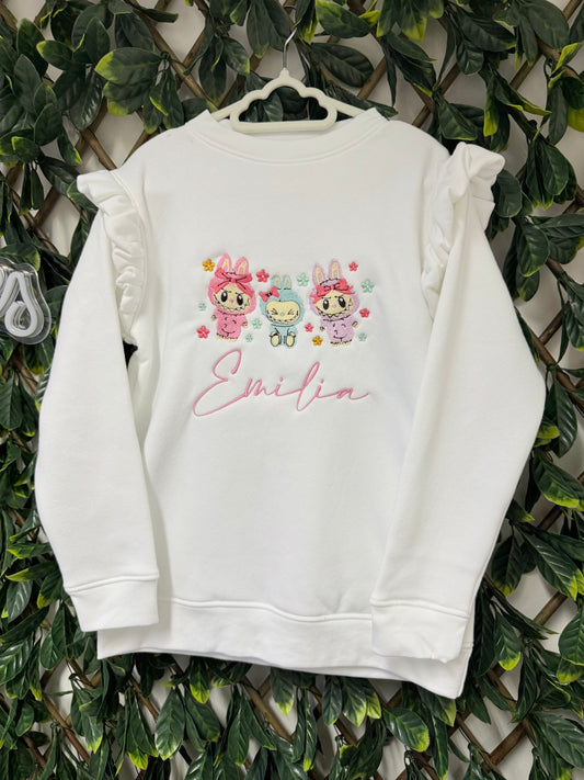 Embroidered Labubu White frilled sweatshirt