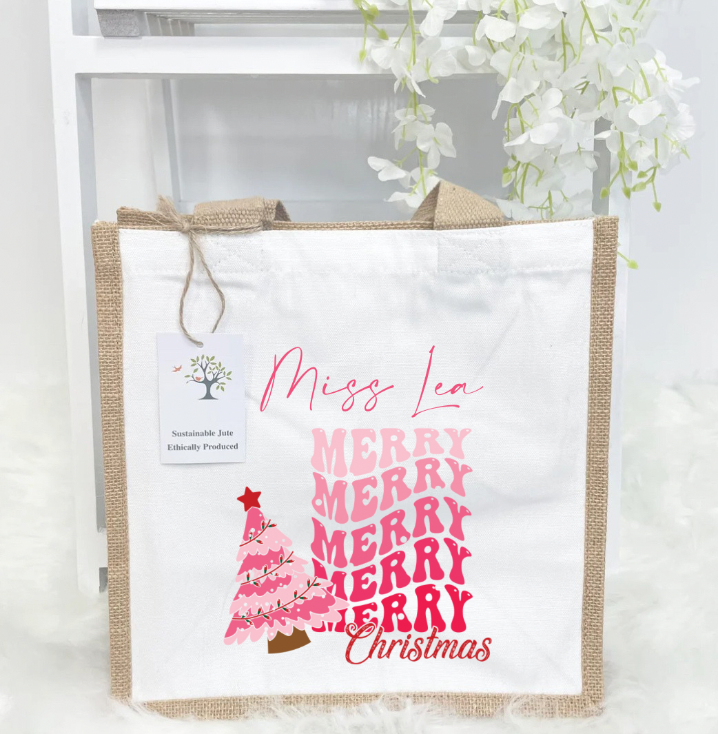 pink christmas teacher jute bag