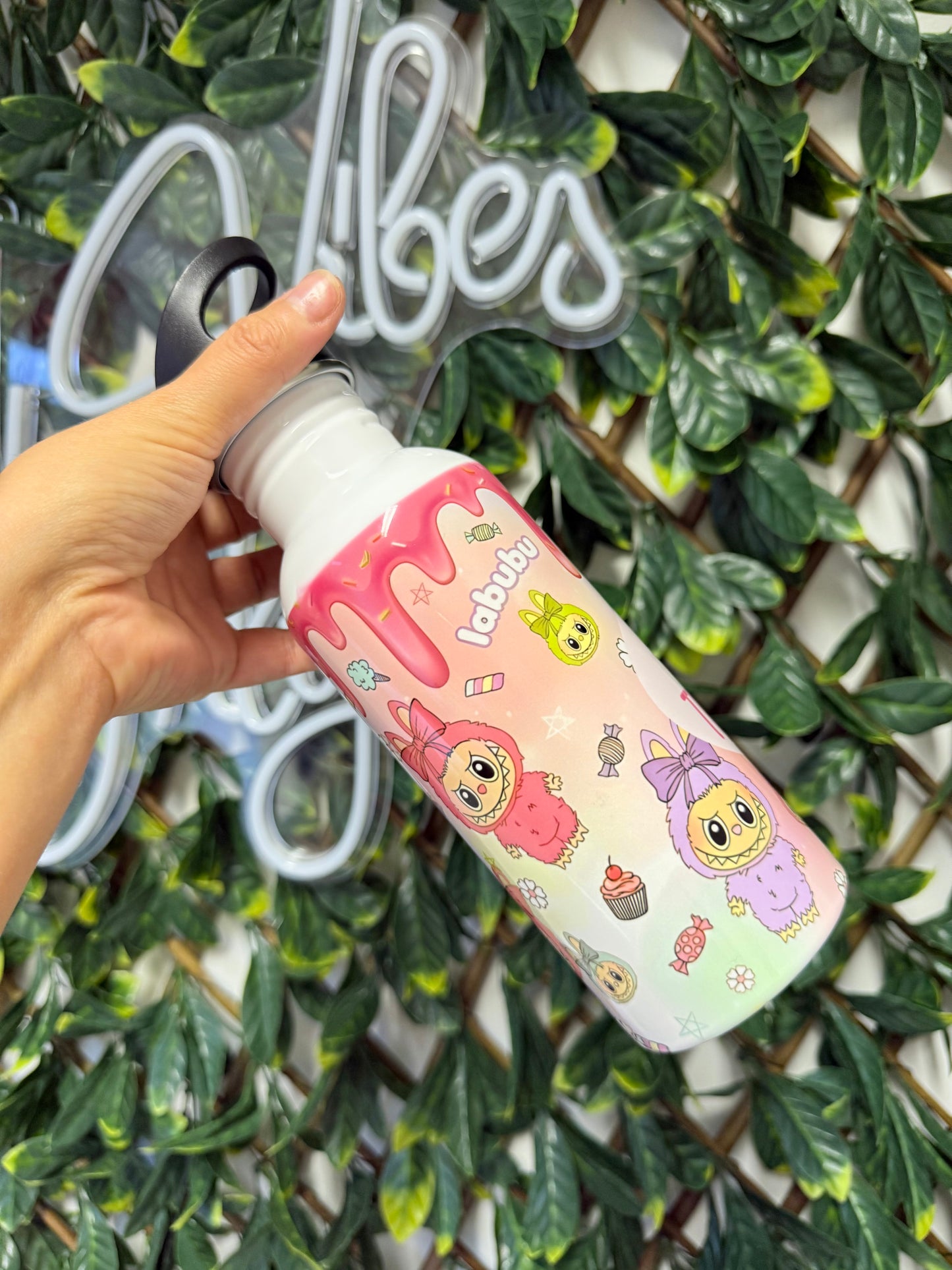 Stainless steel flip straw water bottle - pink Labubu