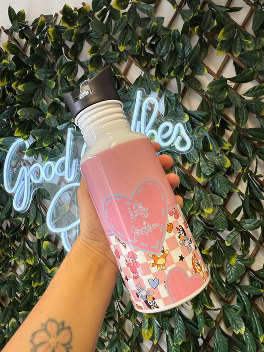 Stainless steel flip straw water bottle - pink Bluey
