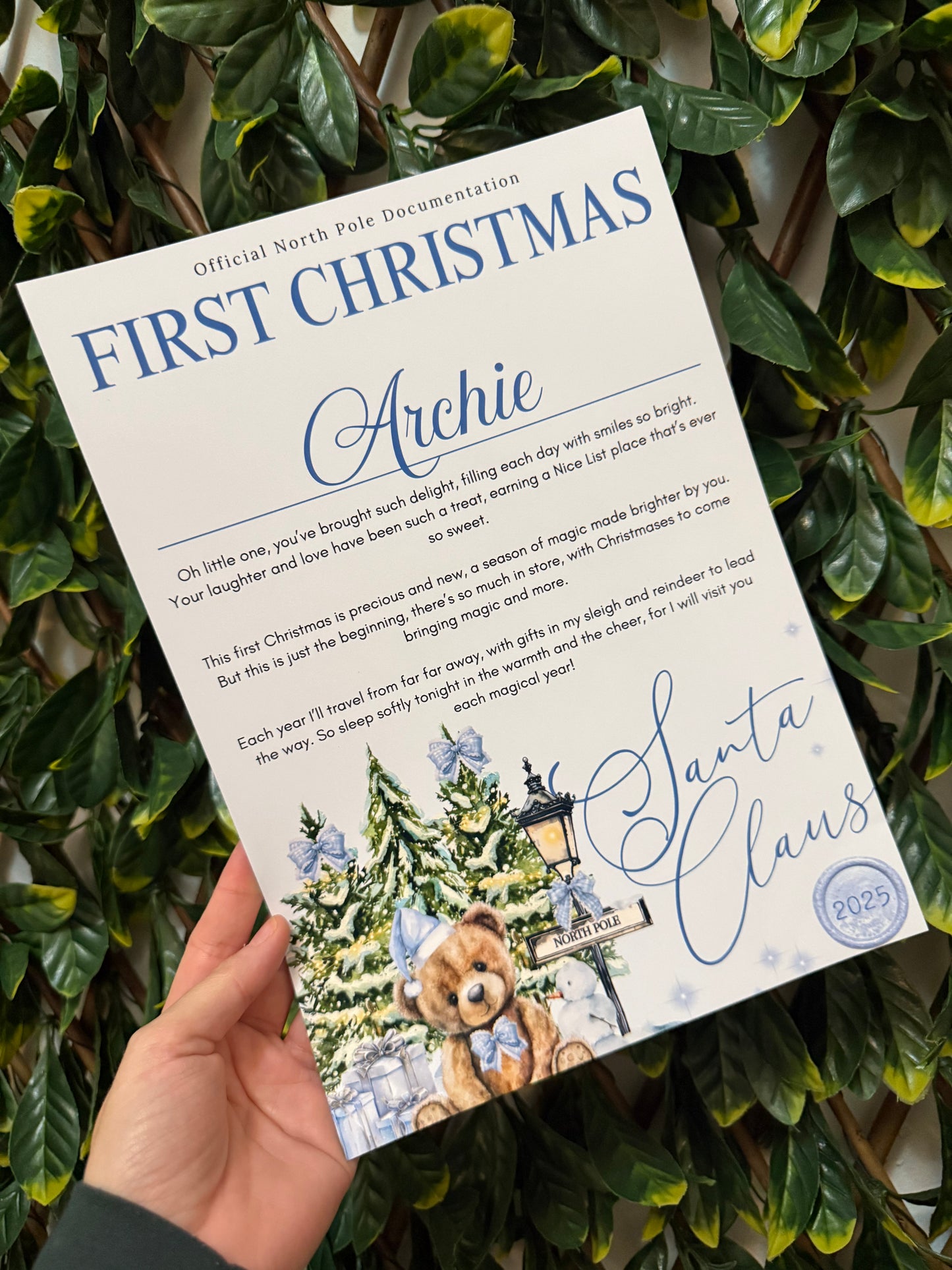 Personalised first Christmas letter - blue