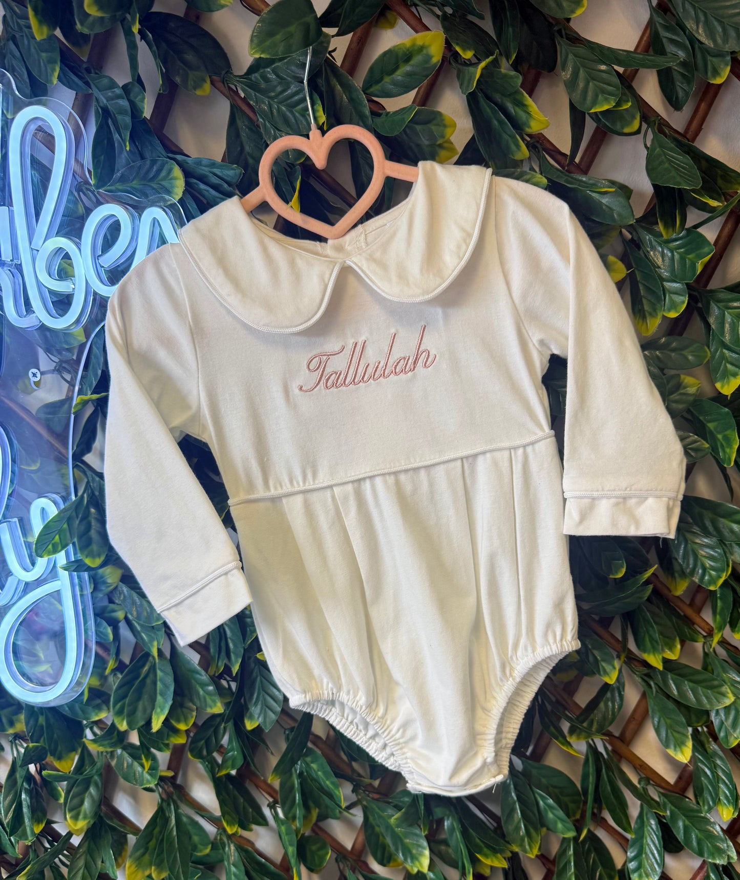 Embroidered Long sleeved collared romper - pink, blue or white