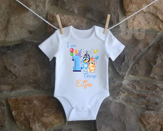 Bluey I am one today baby vest