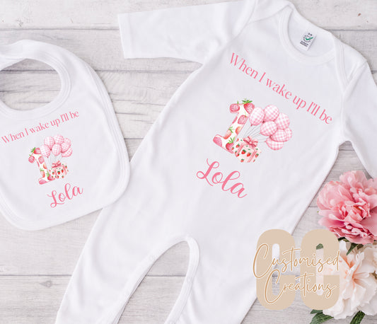 Strawberry When I Wake Up Ill Be 1 Babygrow and/or Bib