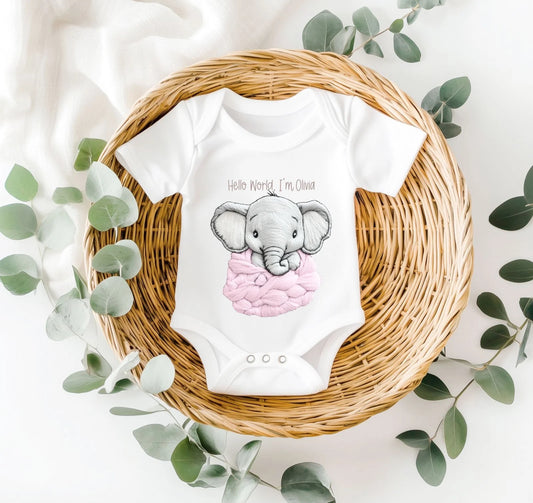 Hellow World Pink Elephant Embroidery Style Baby Vest