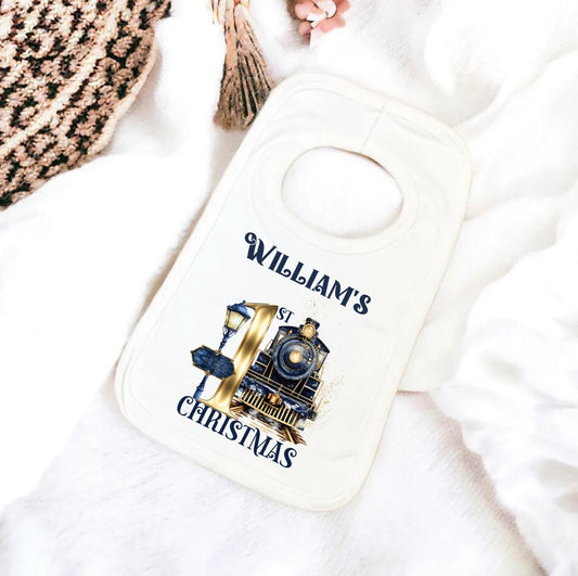 Bib - 1st Christmas navy and gold initial express train