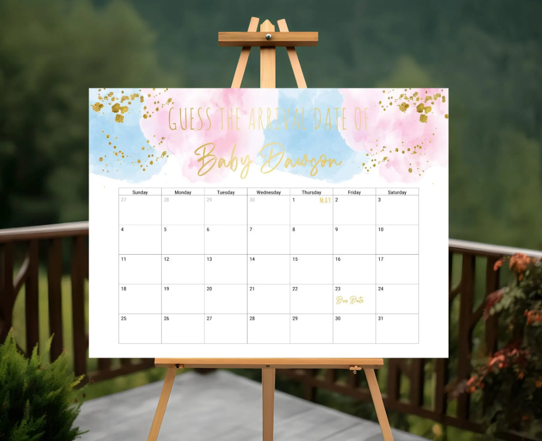 Pink & Blue Watercolour Baby Shower Guess The Arrival Date Of Baby Board