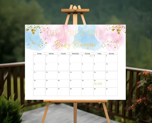 Pink & Blue Watercolour Baby Shower Guess The Arrival Date Of Baby Board