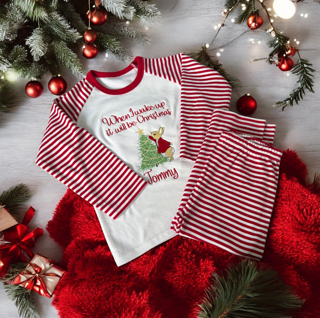 Embroidered red and white stripe Christmas Peter rabbit pyjamas