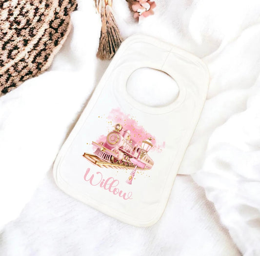 Bib - pink and gold express train