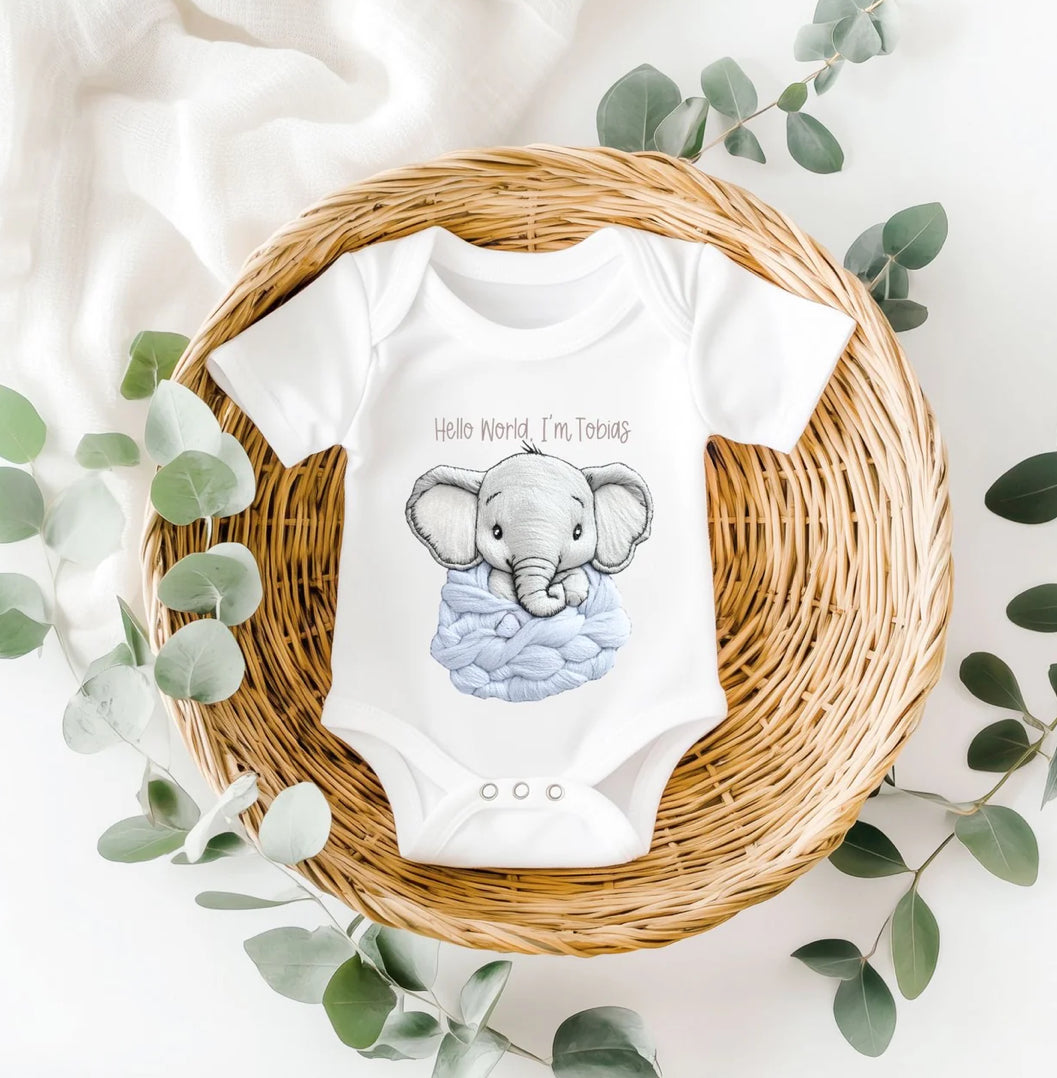 Hello World Blue Elephant Embroidery Style Baby Vest