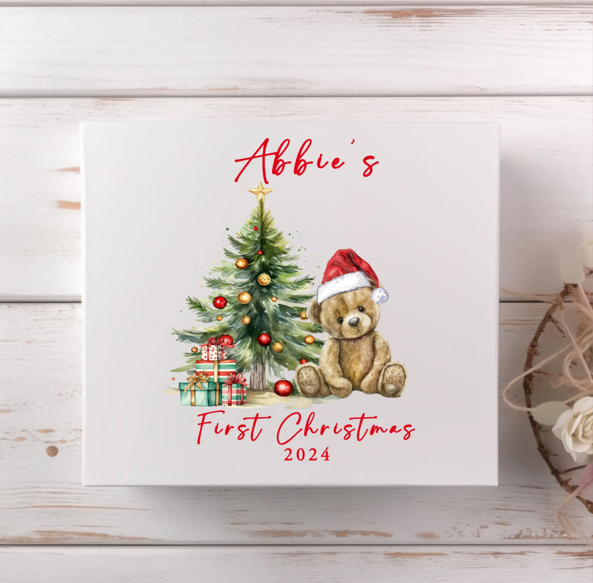 Personalised Bear With Christmas Hat & Tree Christmas Magnetic Box
