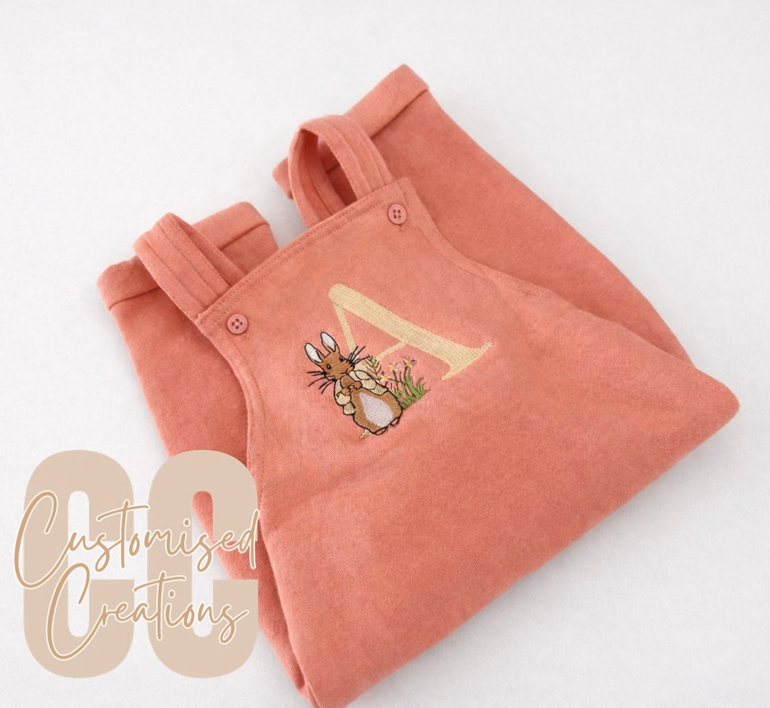 Personalised Overall Dungarees – Embroidered Initial Rabbit Design