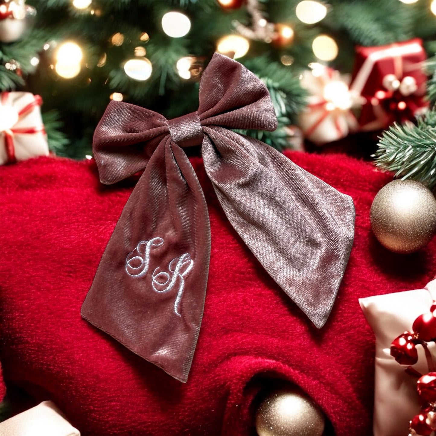 Dusty pink velvet embroidered hair bow