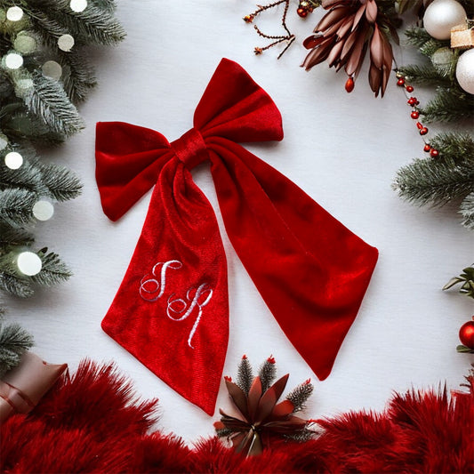 Red velvet embroidered hair bow