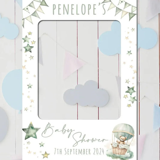 Bear In Hot Air Balloon baby shower selfie prop - blue, green, neutral, pink