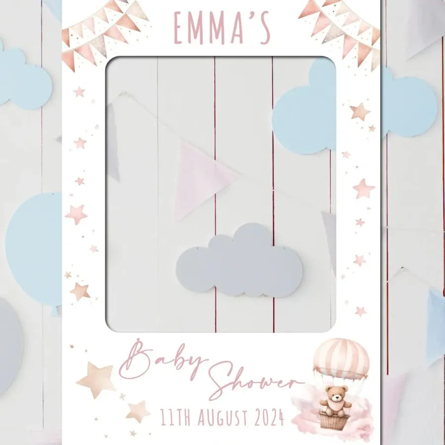Bear In Hot Air Balloon baby shower selfie prop - blue, green, neutral, pink