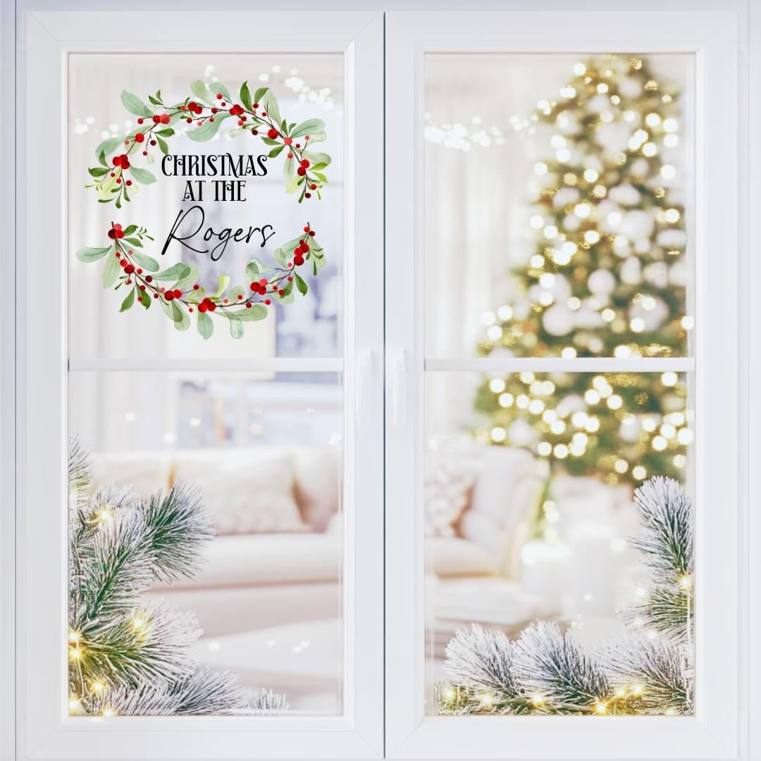 Christmas at the ... red floral wreath window film decal