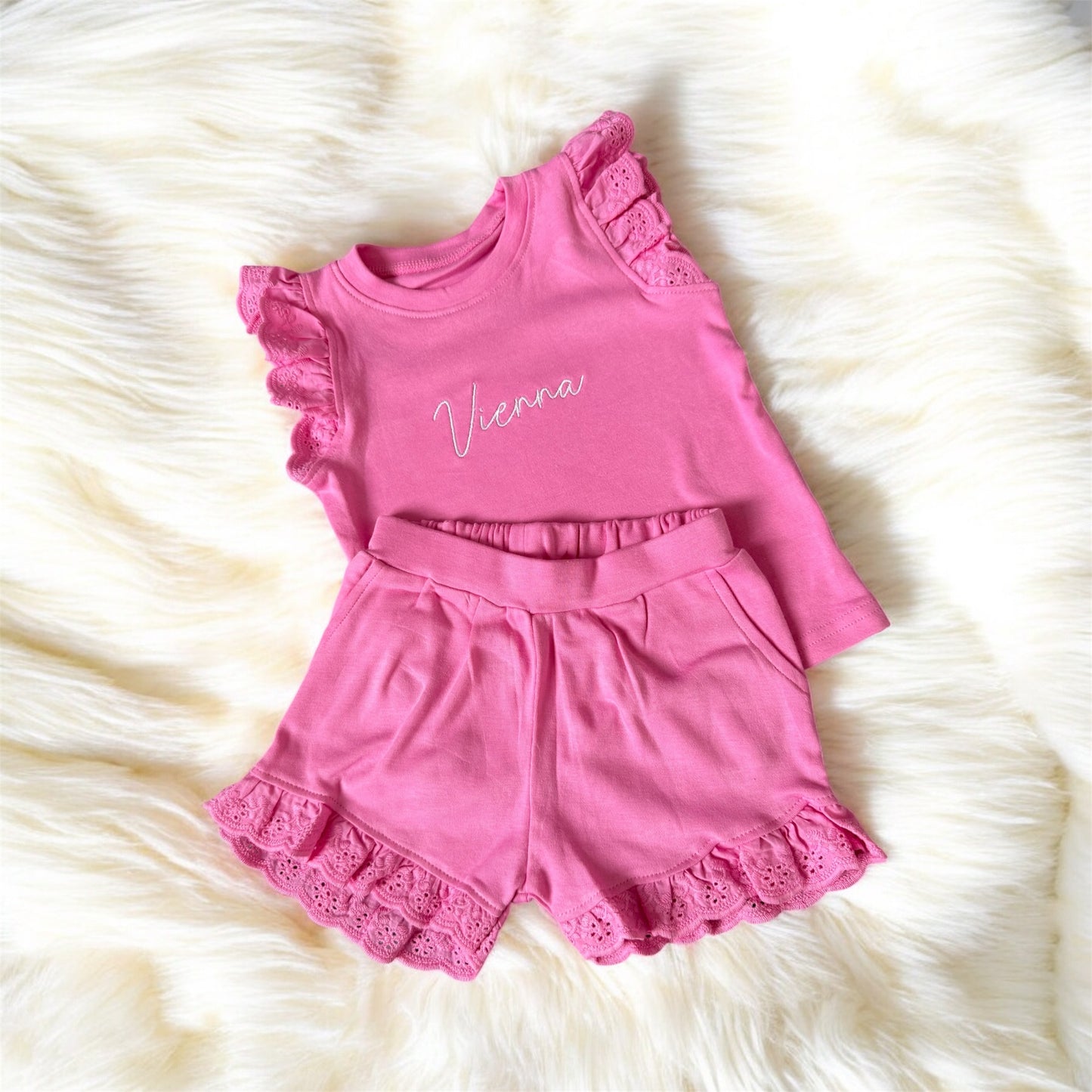 Frill anglaise shorts and t-shirt set - embroidered - name only