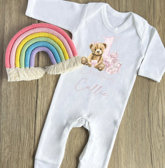 Pink bear 1st Christmas babygrow
