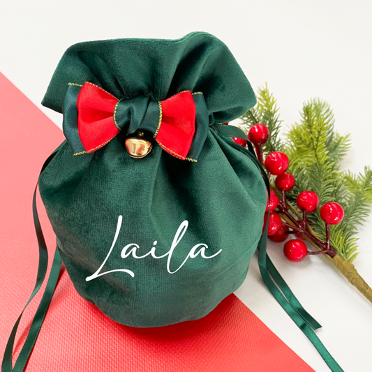 Small velvet green bow bell Christmas gift bag