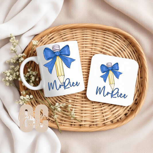 Teacher blue bow pencil mug and/or coaster
