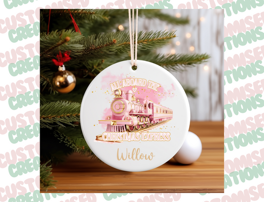 Christmas ceramic bauble - pink and gold polar express train