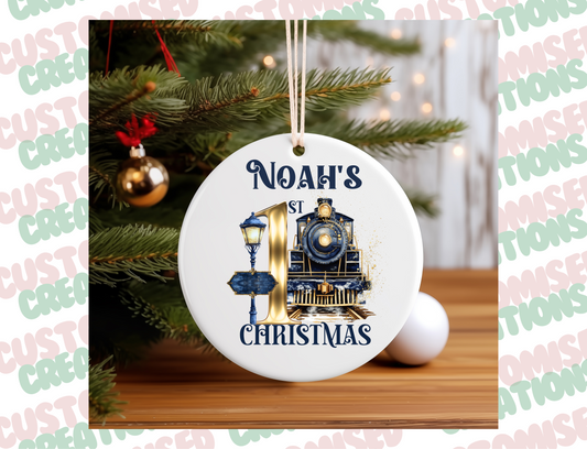 1st Christmas ceramic bauble - navy and gold train