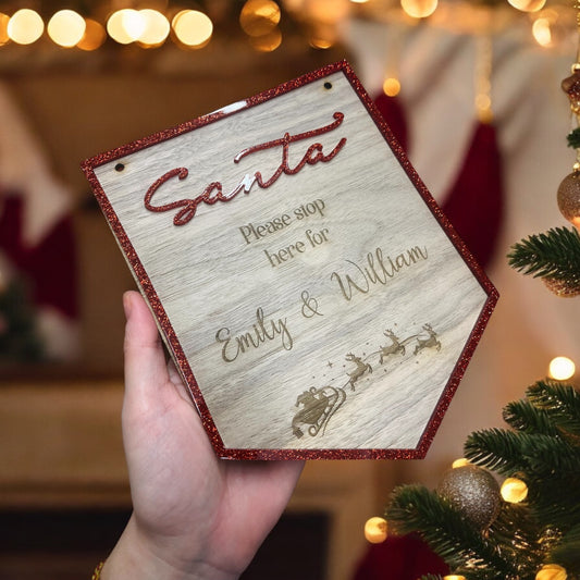 Red and wooden Santa stop here engraved sign