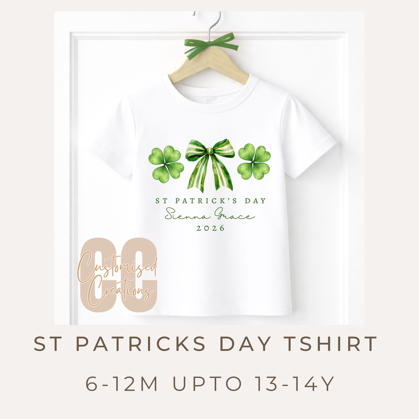 Personalised St Patrick’s Day 2026 T-Shirt | Bow & Lucky Clover Design